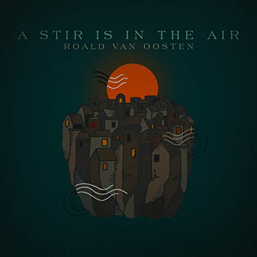 Album cover showing a dark village on a cliff under a large orange sun.