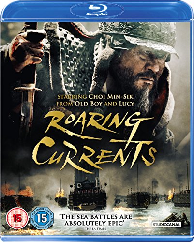 Blu-ray cover for Roaring Currents featuring a warrior and naval battle scene.