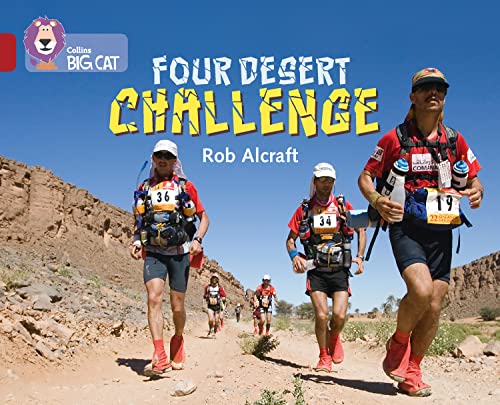 Marathon runners in desert landscape, book cover with title "Four Desert Challenge".