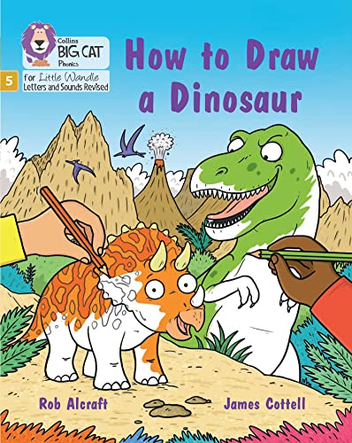 Book cover: "How to Draw a Dinosaur" with cartoon dinosaurs and mountains.