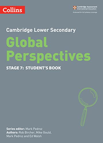 Blue textbook cover with “Global Perspectives Stage 7” text and a magnifying glass.