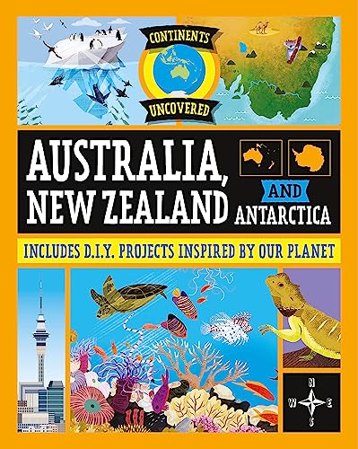 Book cover featuring illustrations of Antarctica, Australia, marine life, and the Auckland Sky Tower.