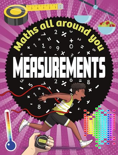 Book cover with measurements tools, running child, and mathematical symbols.