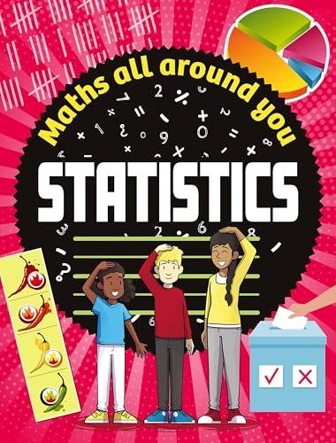 Book cover titled Maths All Around You: Statistics featuring three children and data graphics.