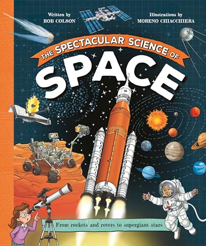 Book cover depicting rockets, rovers, planets, and an astronaut in space.