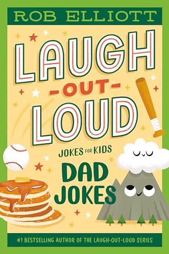 Book cover: "Laugh-Out-Loud: Dad Jokes" with illustrations of pancakes, a baseball, and mountains.
