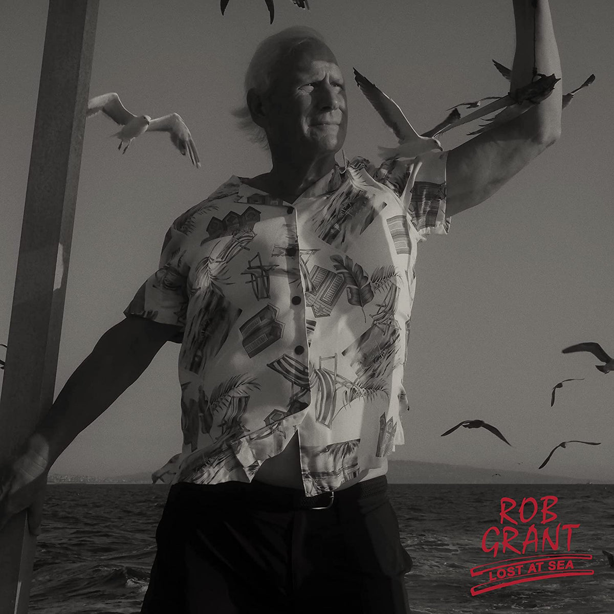 Black and white album cover featuring a man with surrounding birds.