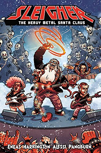 Comic book cover: Santa Claus playing electric guitar with a rock band.