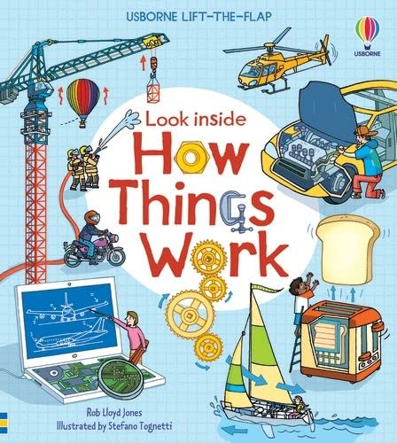 Book cover titled Look Inside How Things Work featuring illustrations of machinery and vehicles.