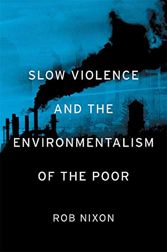 Book cover with a silhouette of industrial smokestacks against a dark blue hazy sky.