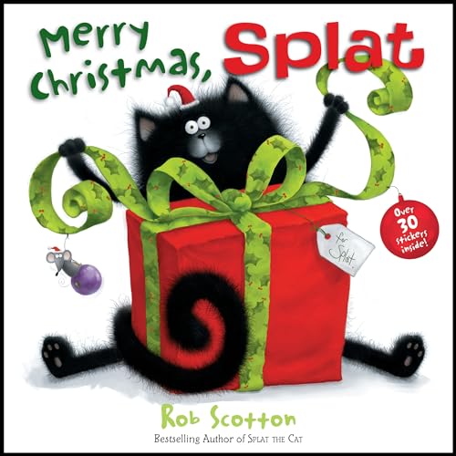 Black cat Splat tangled in green ribbon atop a red gift.
