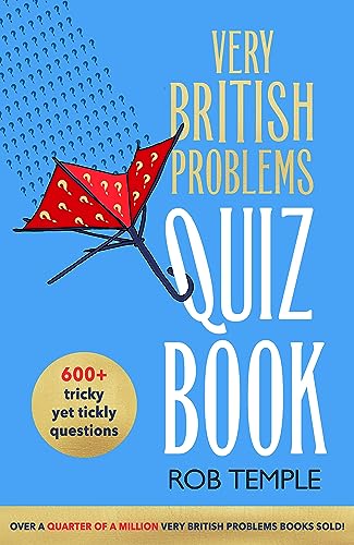 Book cover: "The Very British Problems Quiz Book" with an umbrella illustration.