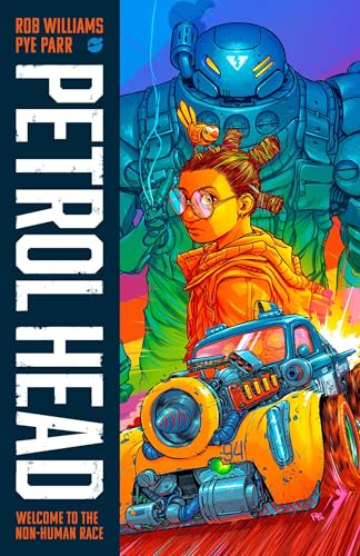Comic book cover: girl with robot and vehicle, futuristic style.