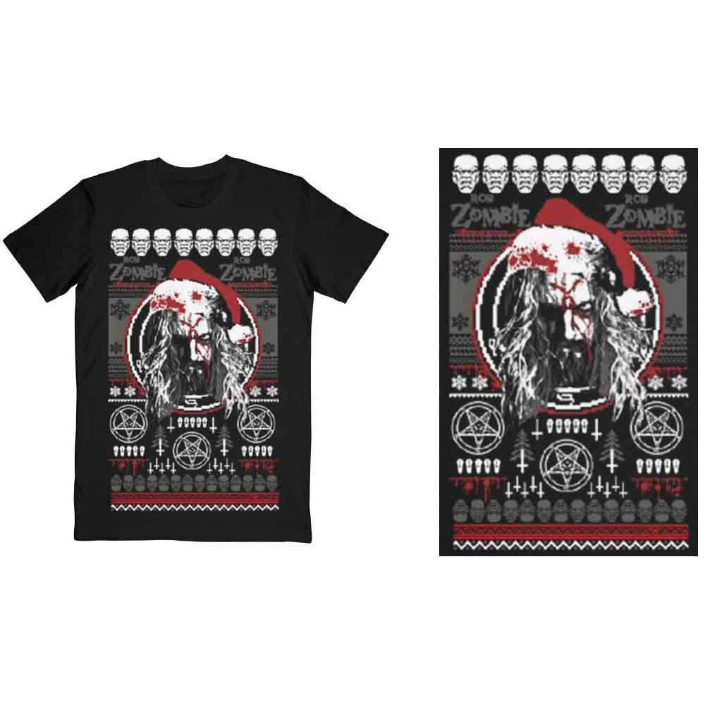 Black t-shirt with a bloody Santa Rob Zombie logo design.