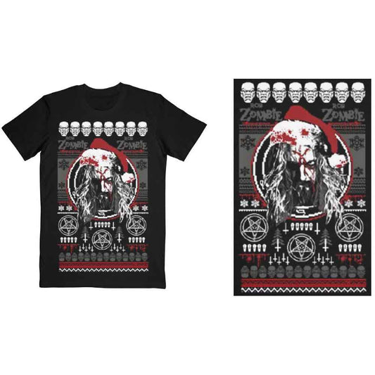 Black t-shirt with a bloody Santa Rob Zombie logo design.