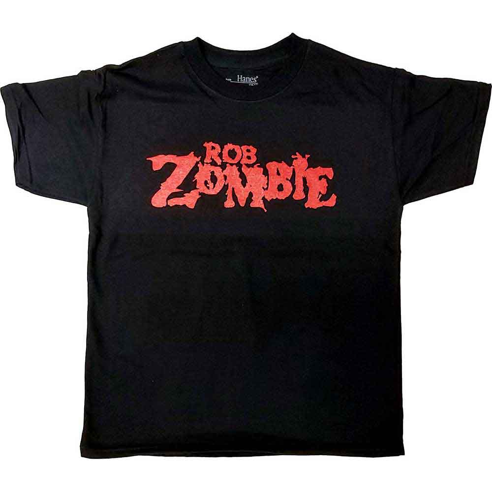 Black t-shirt with red, distressed “Rob Zombie” logo print.