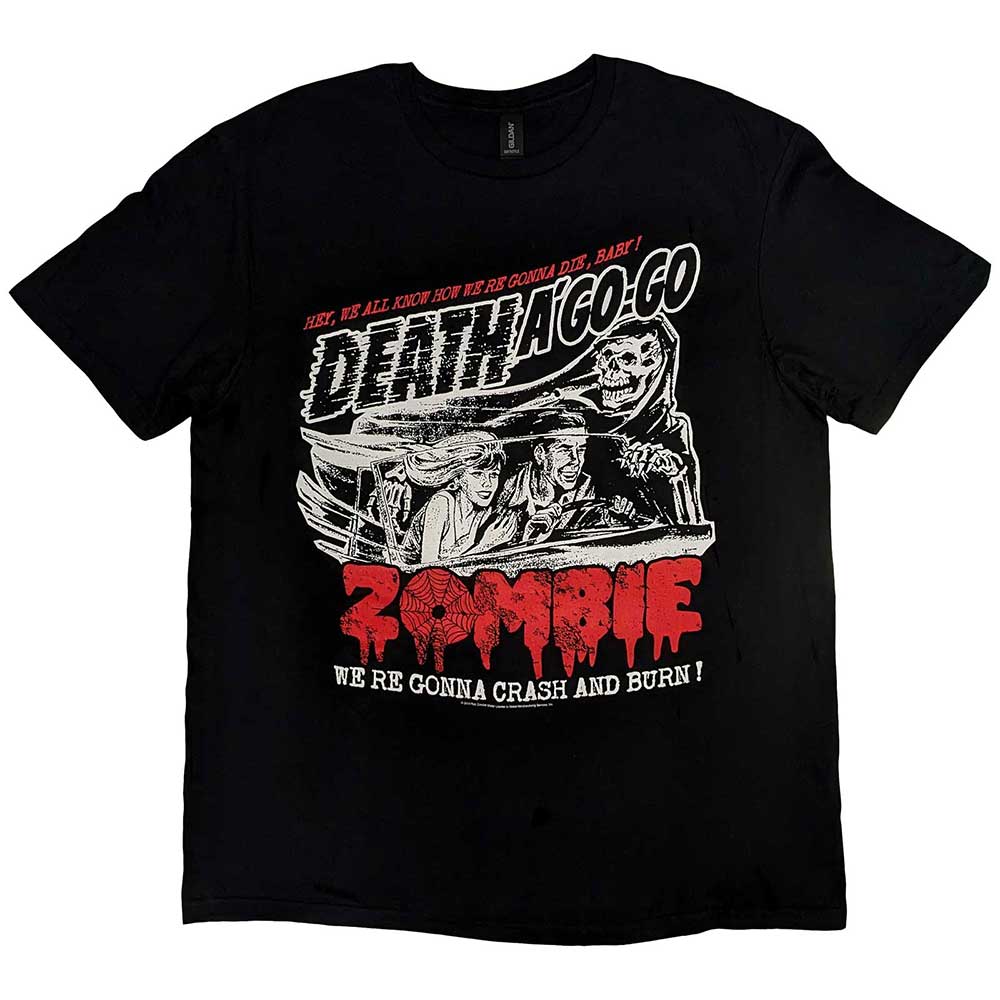 Black t-shirt featuring a graphic of a couple in a car with the Grim Reaper.
