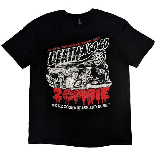 Black t-shirt featuring a graphic of a couple in a car with the Grim Reaper.