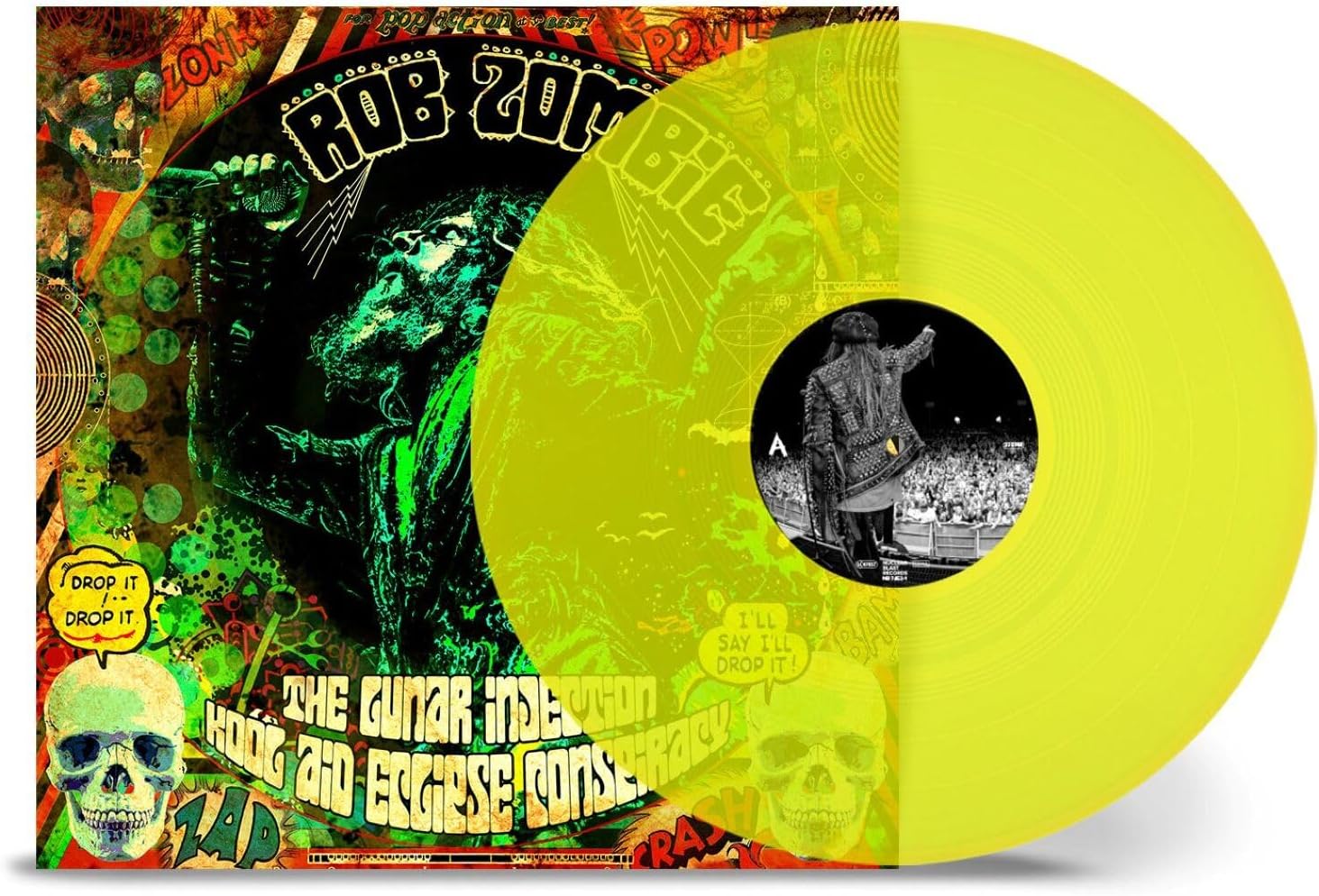 Rob Zombie vinyl record with neon yellow disc and psychedelic collage cover art.