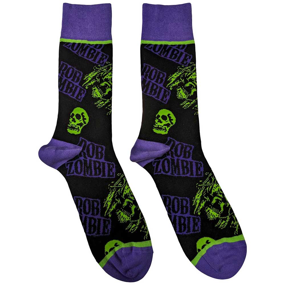 Pair of ankle socks featuring a green and purple Rob Zombie skull face design.