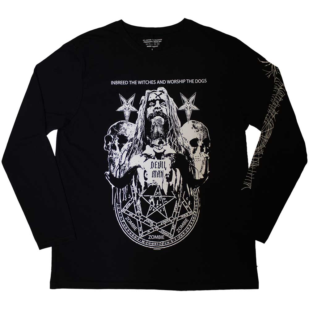 Black long sleeve t-shirt with a Rob Zombie “Devil Man” design on the sleeve.