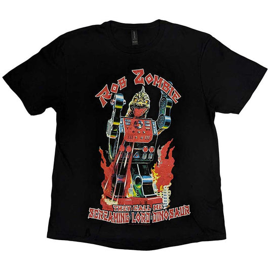 Black t-shirt with a colorful robotic dinosaur and "Rob Zombie" text.