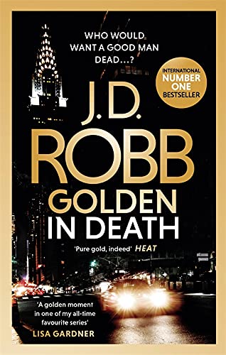 Book cover: “Golden In Death” by J.D. Robb, with city lights.