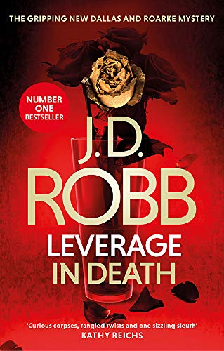 Book cover: red rose in a glass, title “Leverage in Death.”