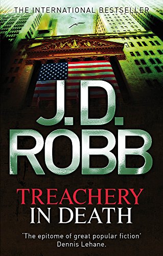 Book cover: "Treachery In Death" by J.D. Robb, with American flag and city skyline.