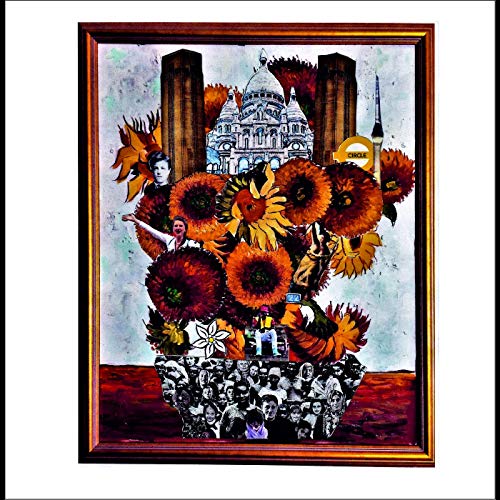 Collage of sunflowers, a basilica, people, and architectural elements in a frame.