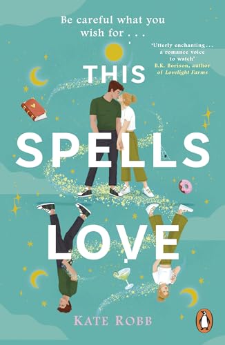 Book cover with illustrated couple, floating objects, and teal background.