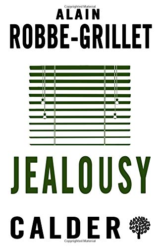 Book cover for Jealousy by Alain Robbe-Grillet featuring an illustration of green window blinds.