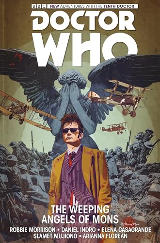 Comic book cover featuring the Tenth Doctor standing before a Weeping Angel and biplanes.