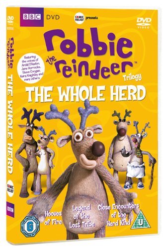 Yellow DVD cover for “Robbie the Reindeer Trilogy” featuring claymation reindeer.