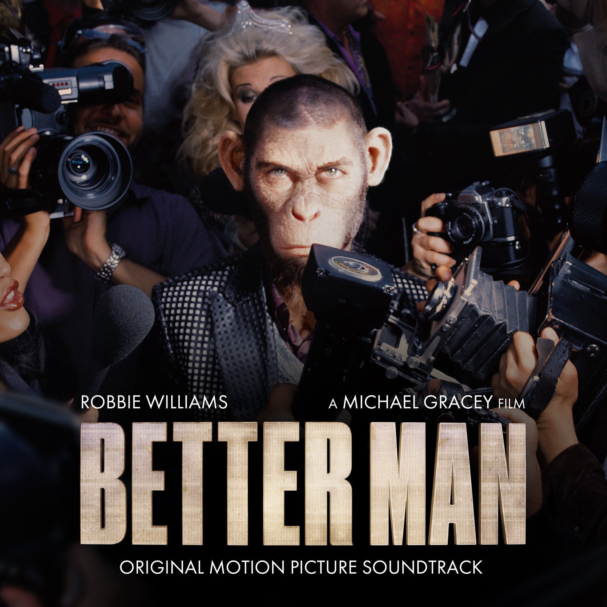 CD cover for “Better Man” soundtrack featuring Robbie Williams as a chimpanzee.