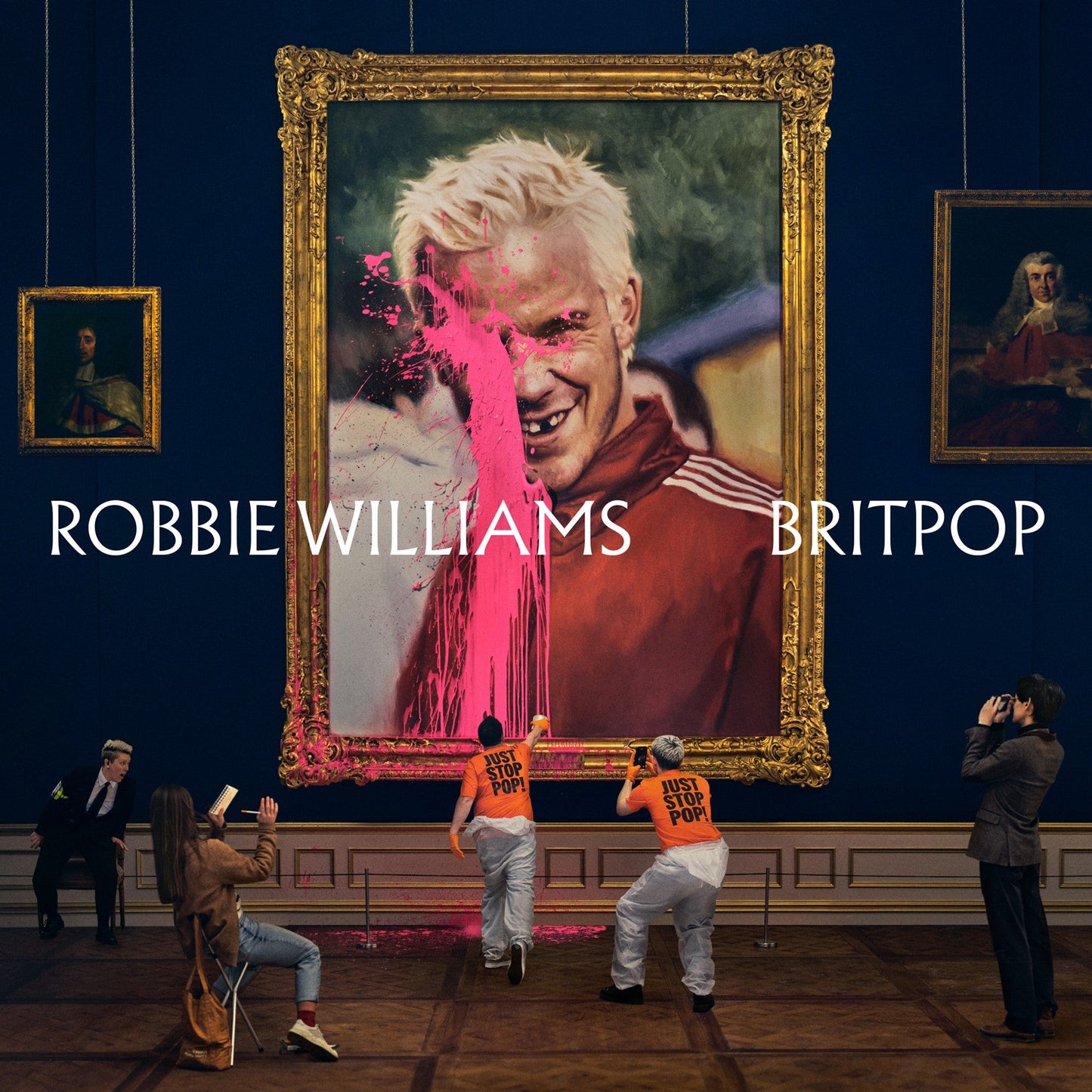 Robbie Williams album cover: portrait in ornate frame, gallery setting.