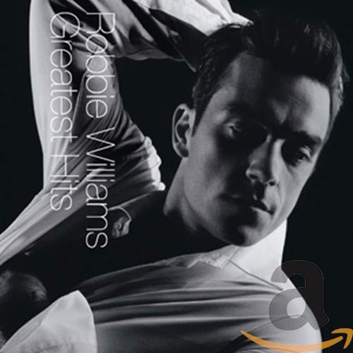 Black and white portrait of Robbie Williams, album cover for Greatest Hits.