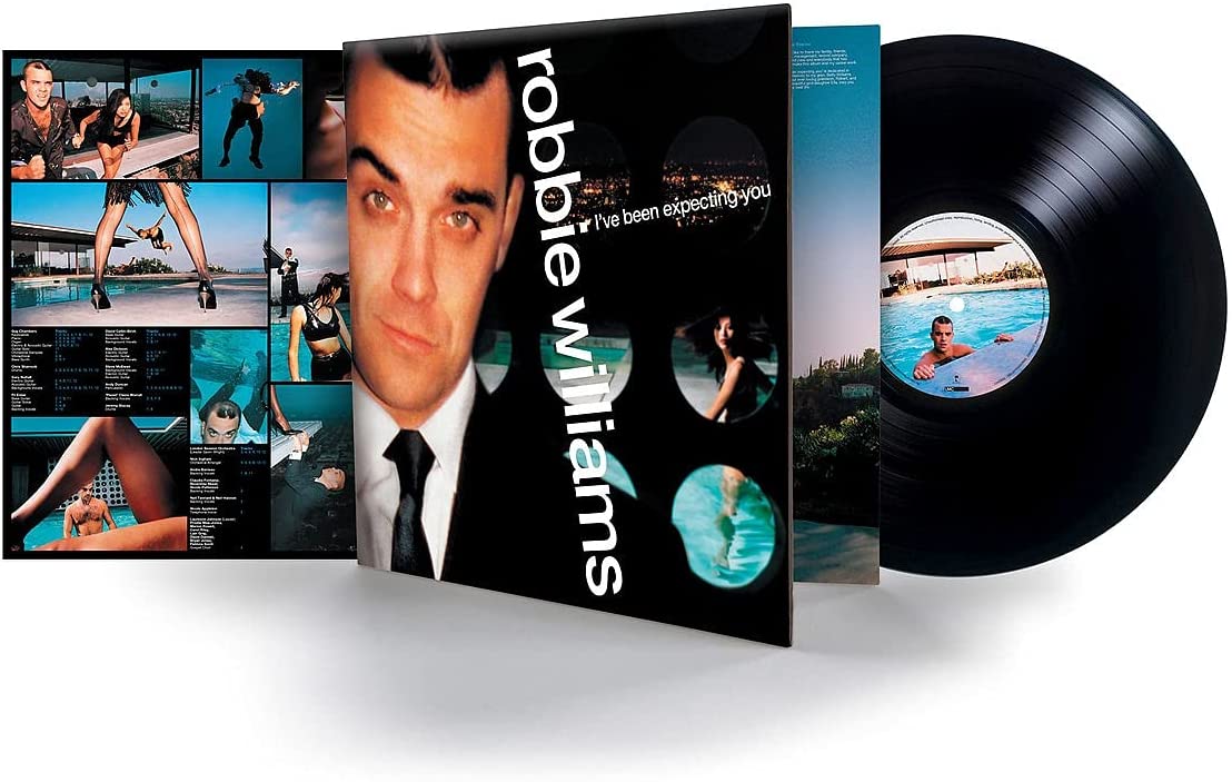 Robbie Williams album cover with portrait and pool imagery.