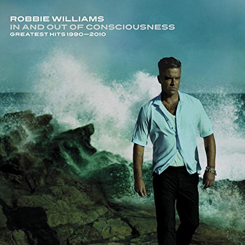 Robbie Williams album cover with ocean waves and rocky shore background.
