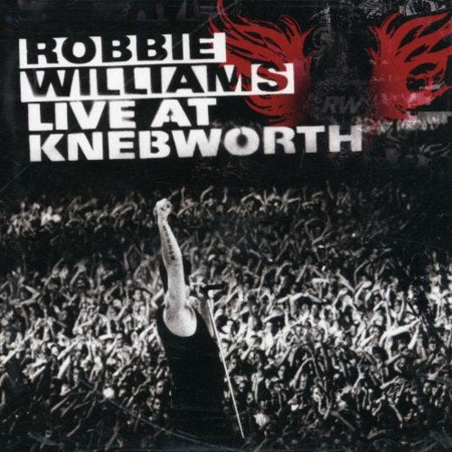 Robbie Williams concert album cover, singer with raised fist, large crowd.