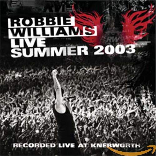 Robbie Williams "Live Summer 2003" CD cover with concert crowd and fiery design.