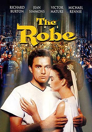 DVD cover for "The Robe" featuring a couple and Roman soldiers.