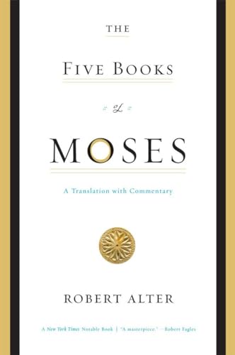 Book cover: "The Five Books of Moses" by Robert Alter, with gold emblem.