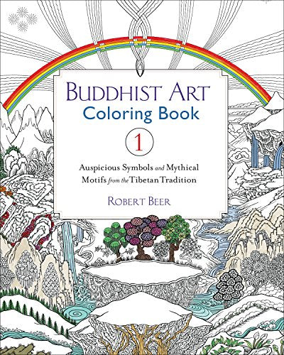 Buddhist Art Coloring Book 1 cover with rainbow, mountains, and trees.