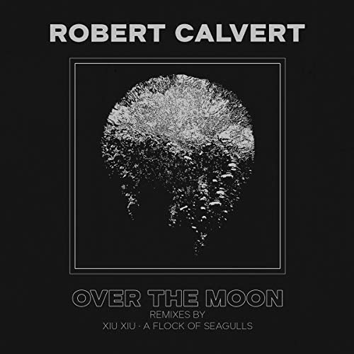 "Black album cover with white text and a textured, moon-like image in a square frame."
