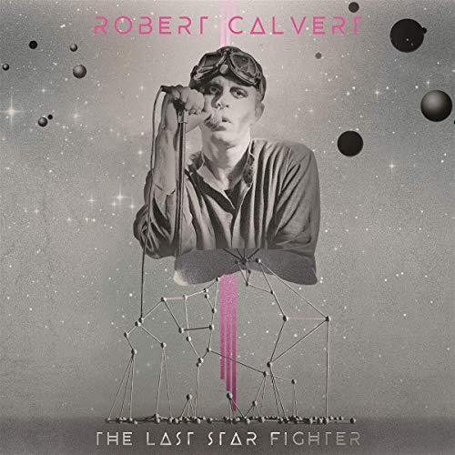 Robert Calvert wearing goggles and holding a microphone against a starry space background.