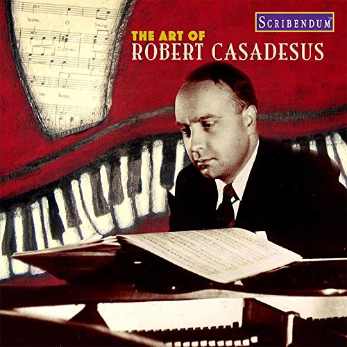 "CD cover featuring a man in a suit playing the piano, red background."