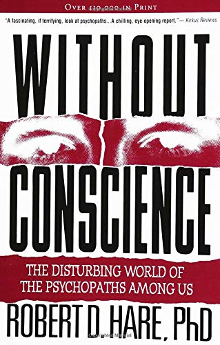 Book cover: "Without Conscience" with a cracked eye image and bold text.