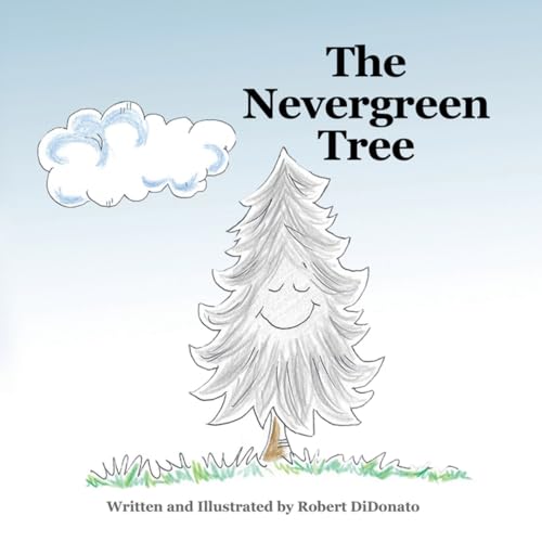 Book cover: sketched evergreen tree with a smiling face and clouds.
