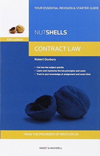 Blue and yellow textbook cover, “Nutshells Contract Law” with walnut images.